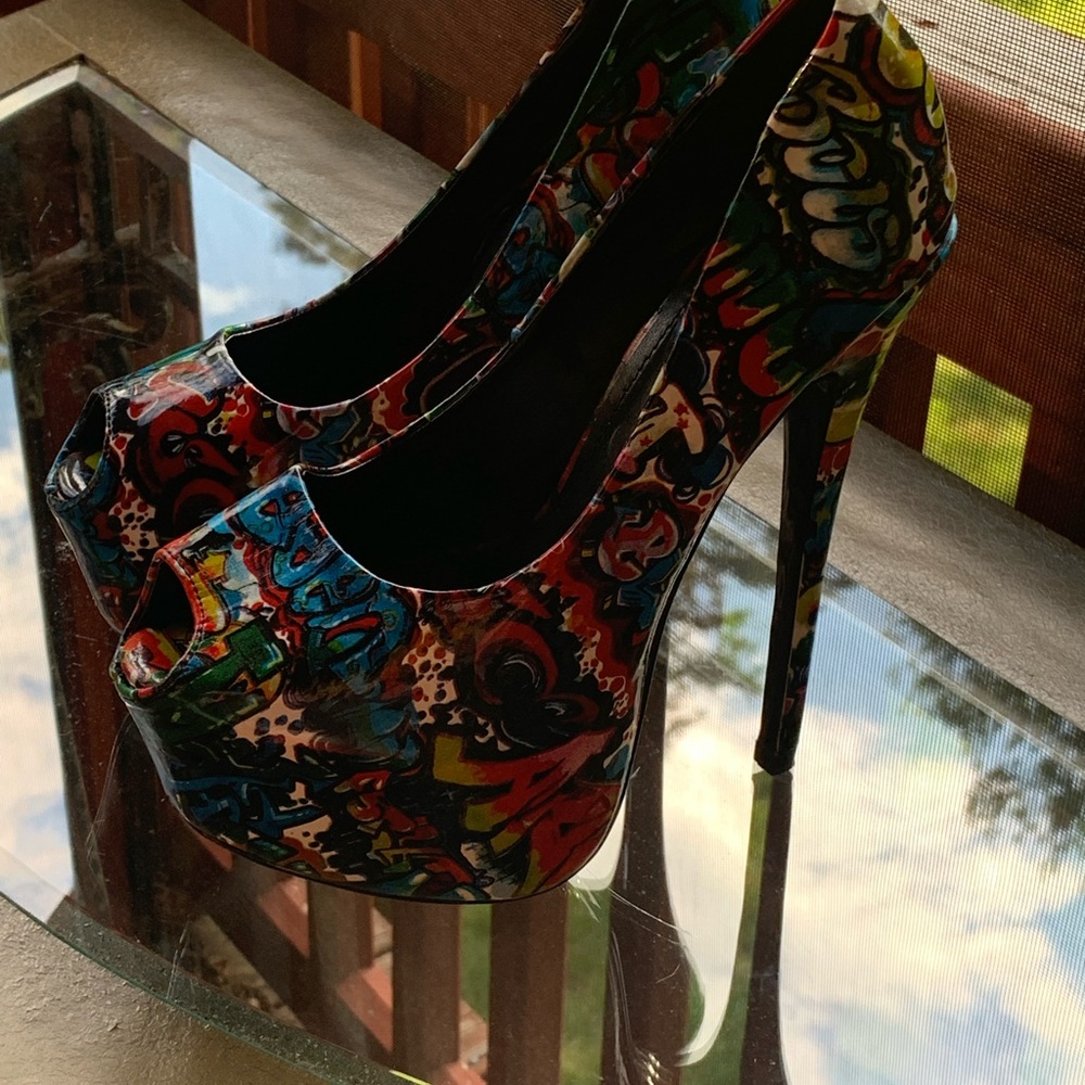 Graffiti print platform stilettos